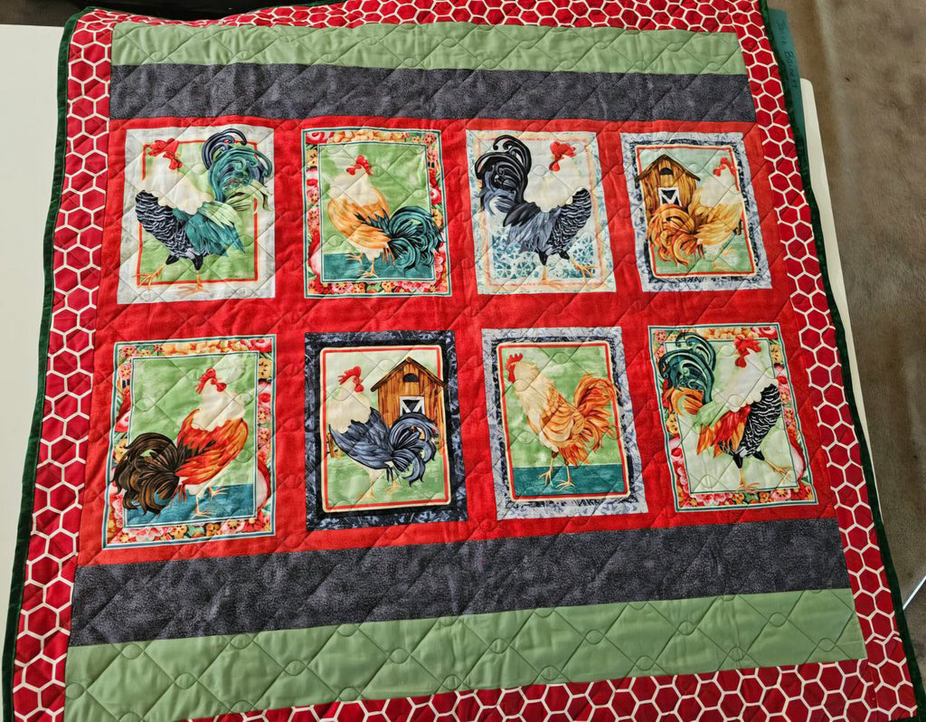 Rooster Quilt! 43" Wide X 45" Long! Green Back w/Chainlink Quilting! RTS!