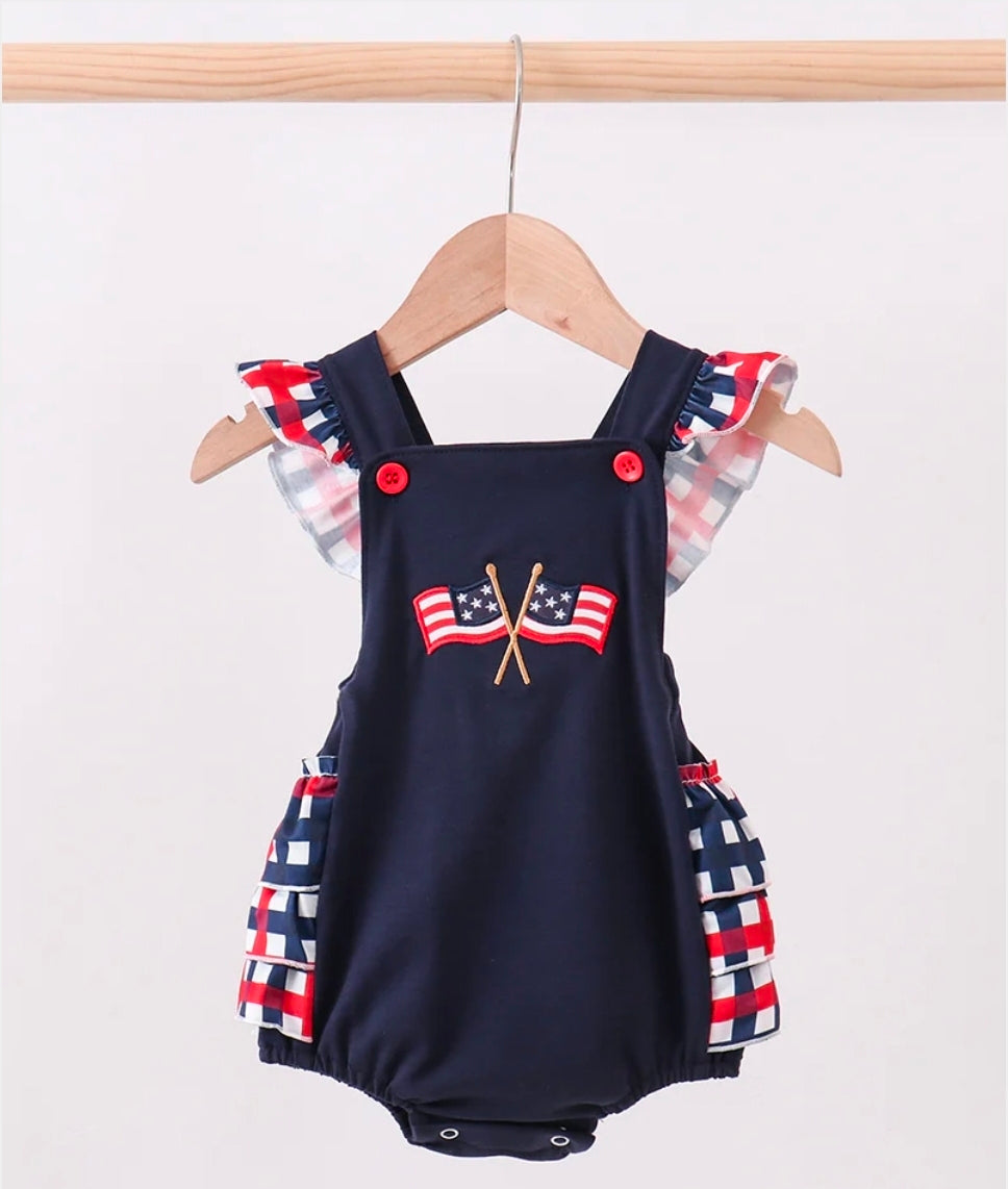 Abby & Evie! Navy Flag Applique Gingham Ruffle Bubble Pre-Order!