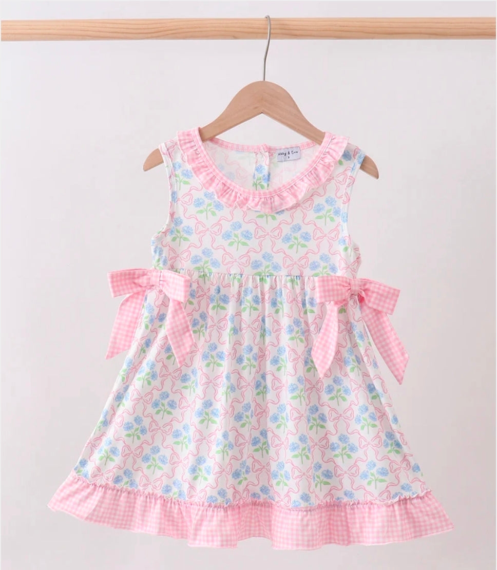 Abby & Evie! Pink Hydrangea Bow Print Ruffle Dress Pre-Order!