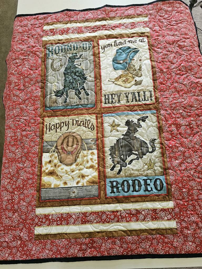 Rodeo/Red Bandana! 43" Wide X 48" Long! Black Back w/Hats and Boots Quilting! RTS!