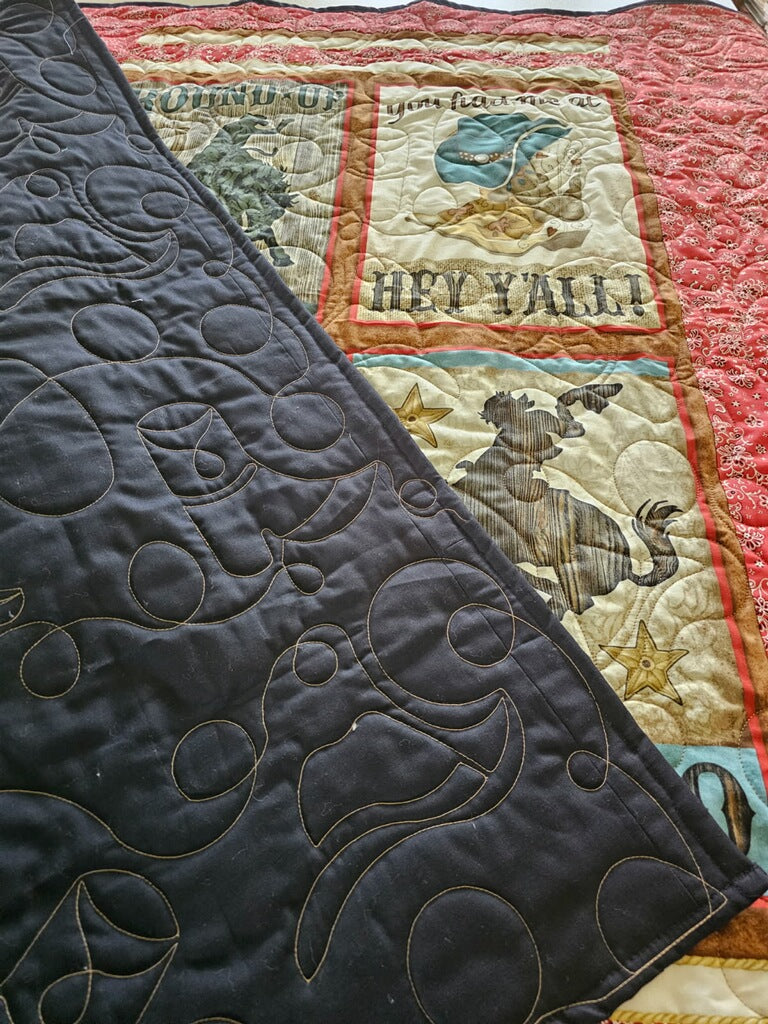 Rodeo/Red Bandana! 43" Wide X 48" Long! Black Back w/Hats and Boots Quilting! RTS!