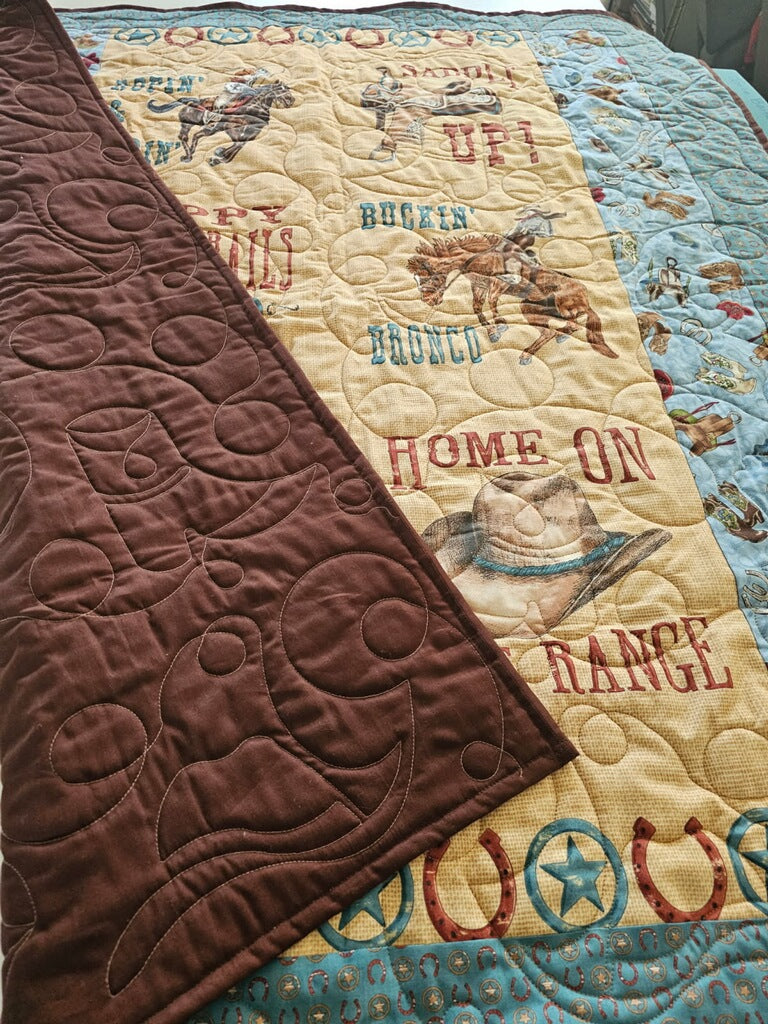 Ropin' & Ridin' Quilt! 41" Wide X 48' Long! Brown Back w/Hats & Boots Quilting! RTS!
