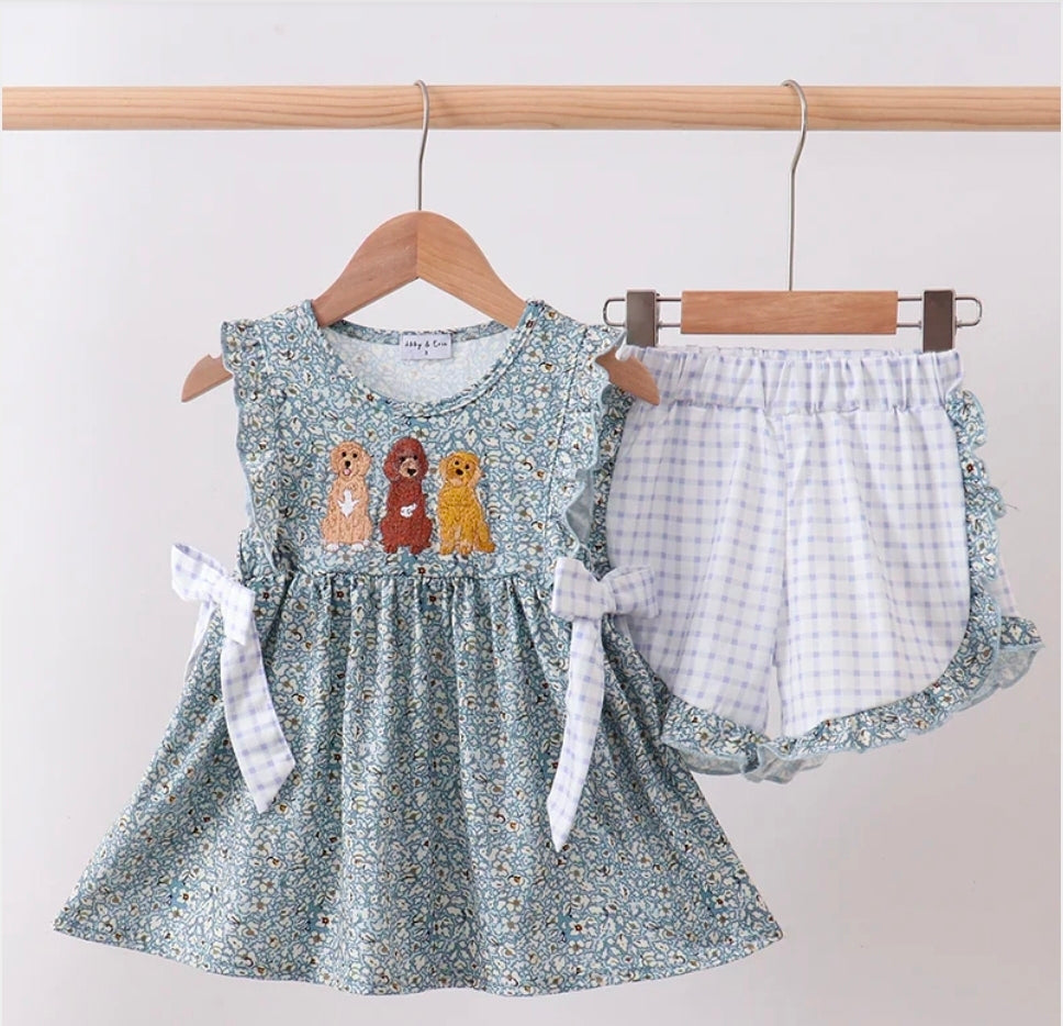 Abby & Evie! Floral Puppy Embroidery Ruffle Shorts Set Pre-Order!