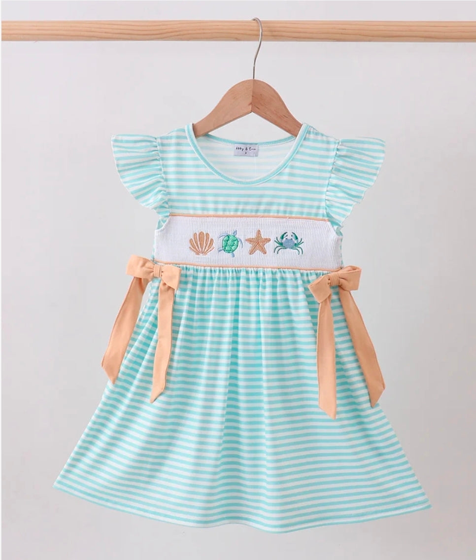 Abby & Evie! Mint Marine Creature Smocked Stripe Ruffle Dress Pre-Order!