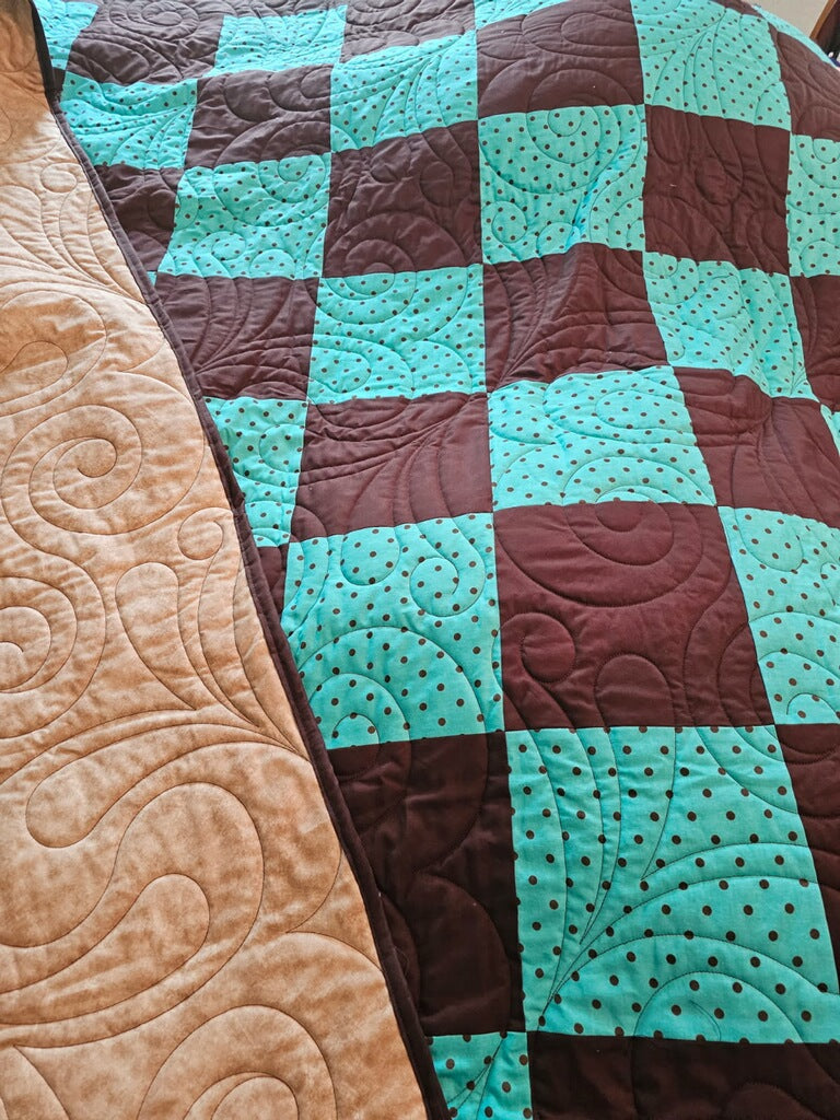 Brown & Turquoise Polka Dot Quilt!69" Wide X 70" Long! Tan Back! RTS!