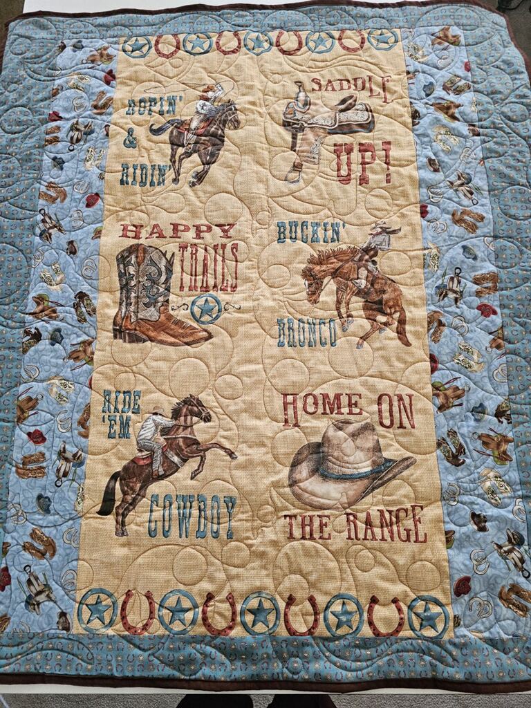 Ropin' & Ridin' Quilt! 41" Wide X 48' Long! Brown Back w/Hats & Boots Quilting! RTS!