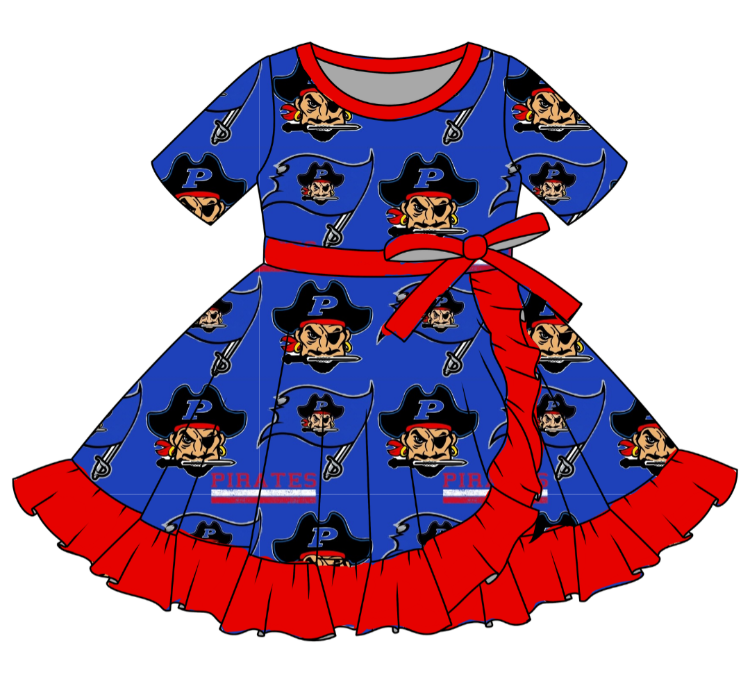 Porter Pirates Bamboo Short Sleeve Twirl Dress w/ Ruffles & Tied Bow Pre-Order! Closing 6/10! ETA August!