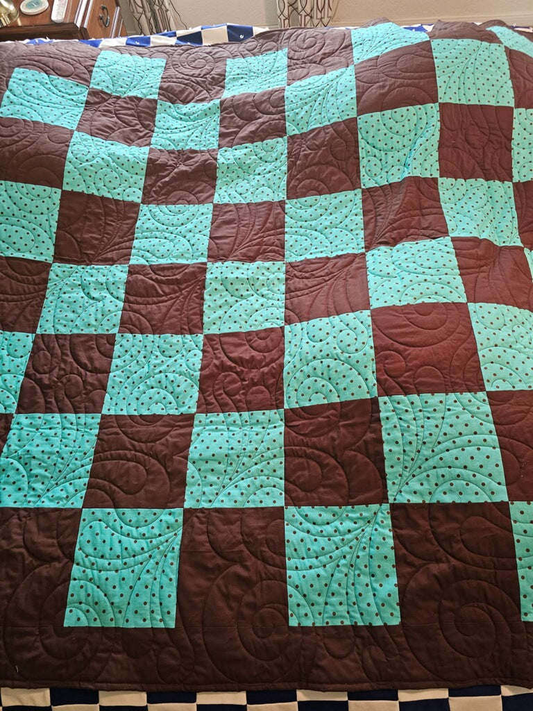 Brown & Turquoise Polka Dot Quilt!69" Wide X 70" Long! Tan Back! RTS!
