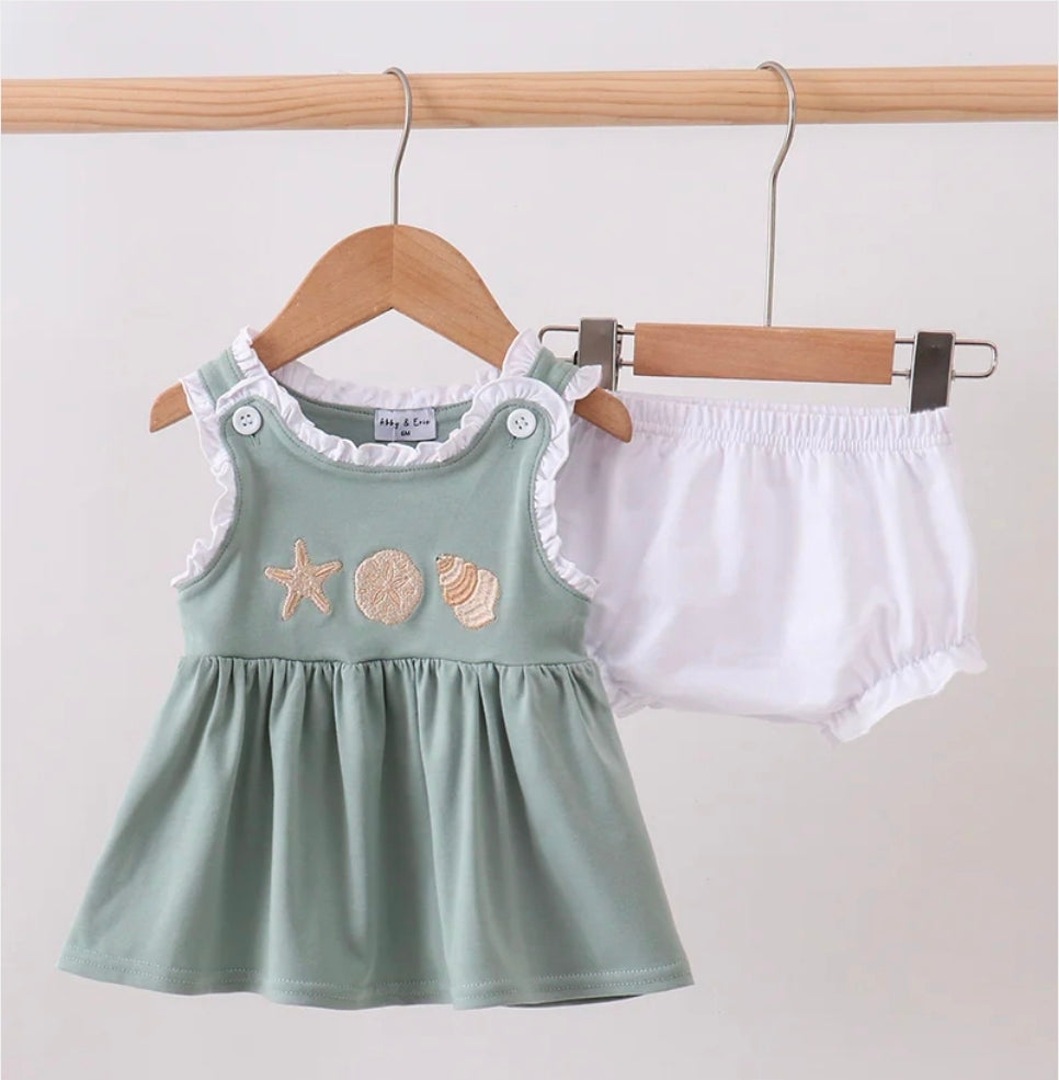 Abby & Evie! Sage Starfish Shell Embroidery Bloomer Set Pre-Order!